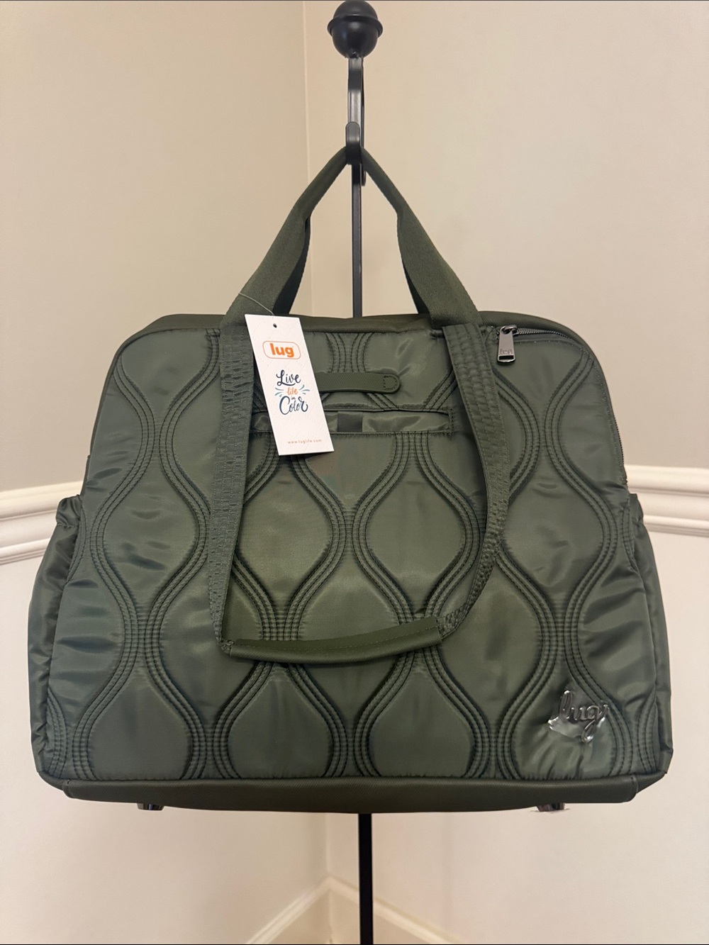lug Aviator Quilted Travel Tote Olive Green-leafy ferns lining